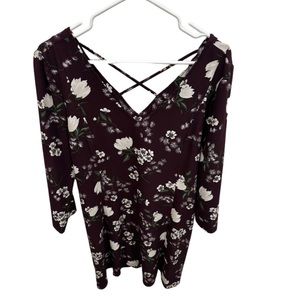 Deep purple floral long sleeve mini dress with cross back size Large